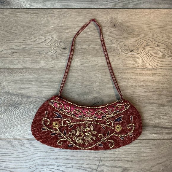Beaded Purse Clutch Burgundy Satin Copper Gold Color Beads Zip Close, Strap Vtg - Picture 5 of 10